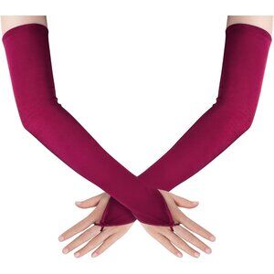 Women's Stretchy Wine Red Finger Loop Long Satin Fabric Gloves Opera Party Prom